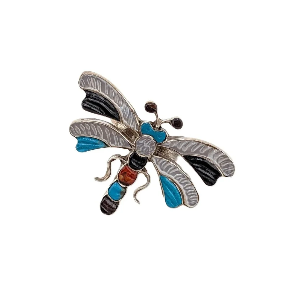 Zuni Inlay Ring Multi-Stone Insect Sterling Silver Sz 6.25 Signed Pinto‎